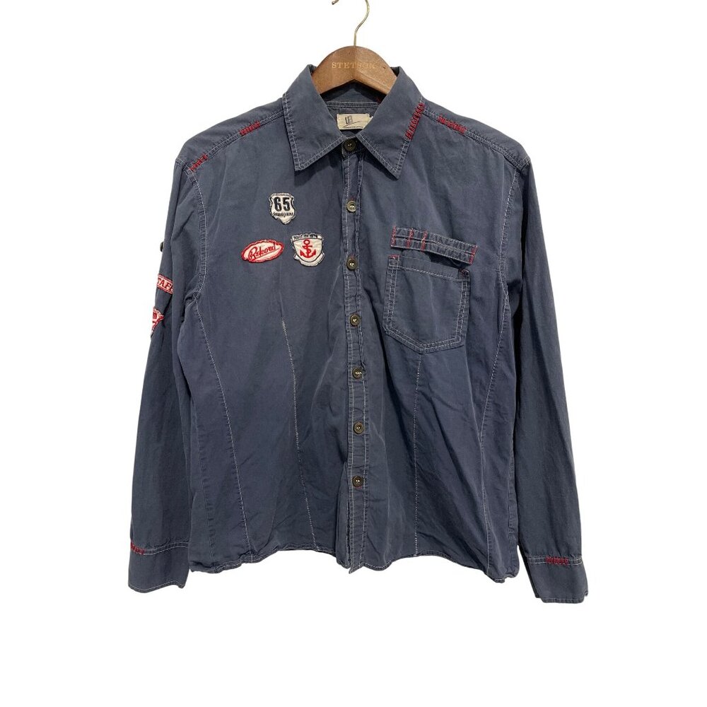 Underground Attitude Shirt Size XL Button Front Long Sleeve Patchwork Navy Blue